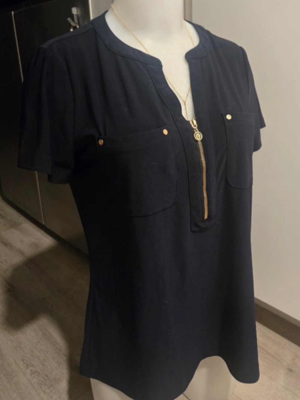 Anne Klein Black Short Sleeve Top with Gold Zip and Stud Accents